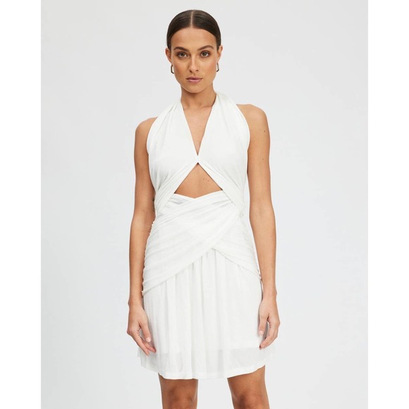 MISHA Callie Ivory Cutout Mini Dress Halter Neck Ruched Bride Bachelorette 4 - Picture 2 of 11